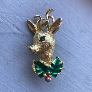 Gold Reindeer Brooch with Green and Red Accents